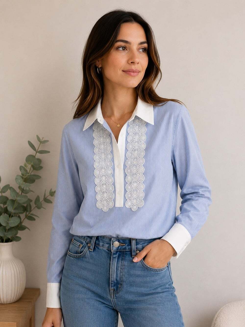 Banana Republic Blue White Striped Lace Bib Tuxedo Shirt Office Blouse Small
